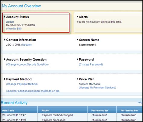 view my account status.